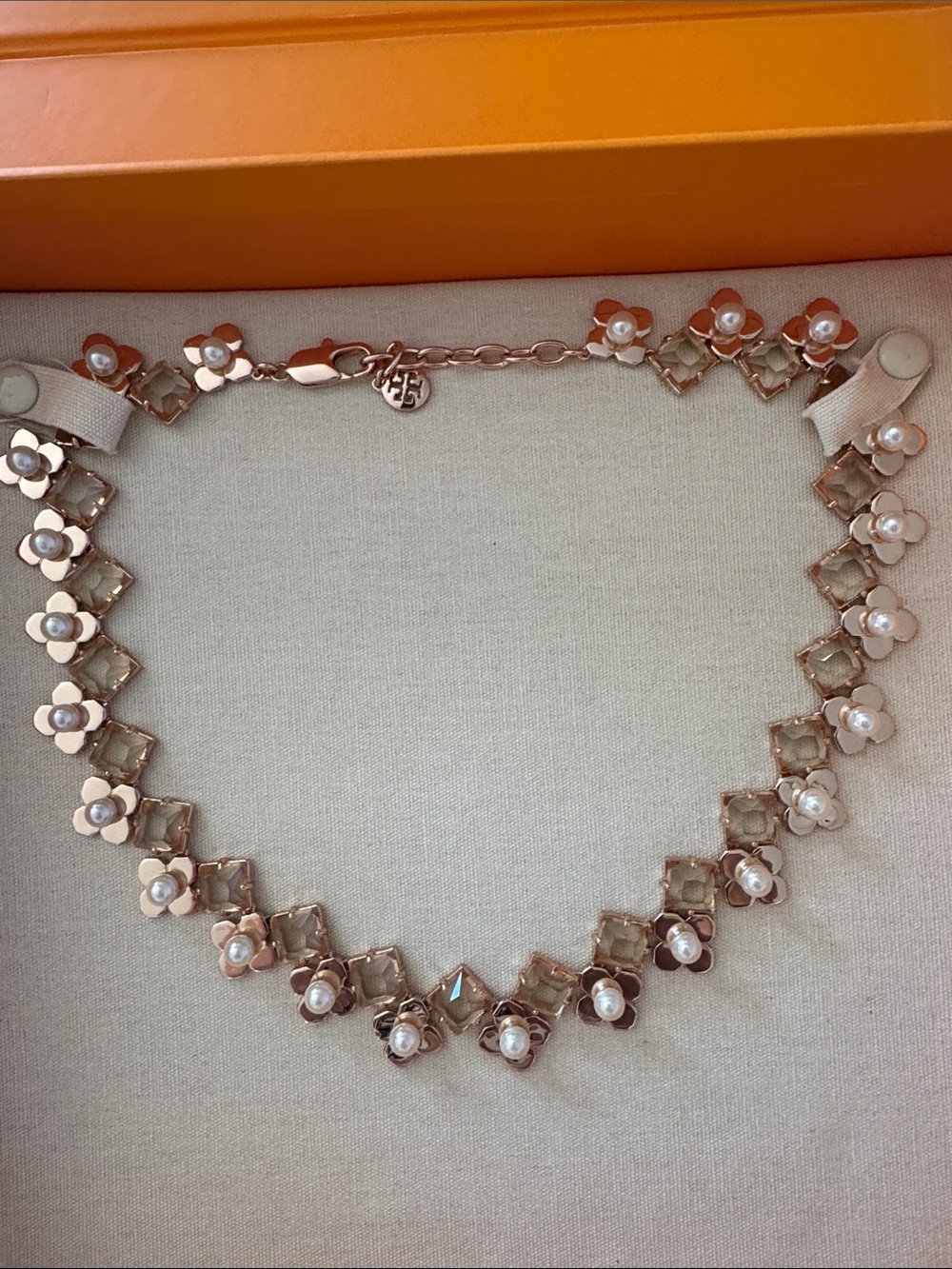 Tory Burch Rose Gold Floral Pearl Necklace